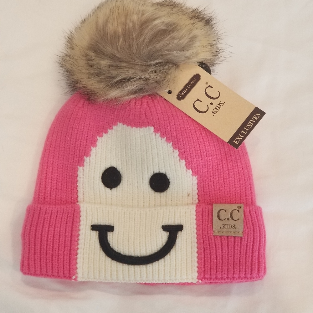 Girls C.C Kids Candy Pink, Faux Fur Pom Pom Beanie